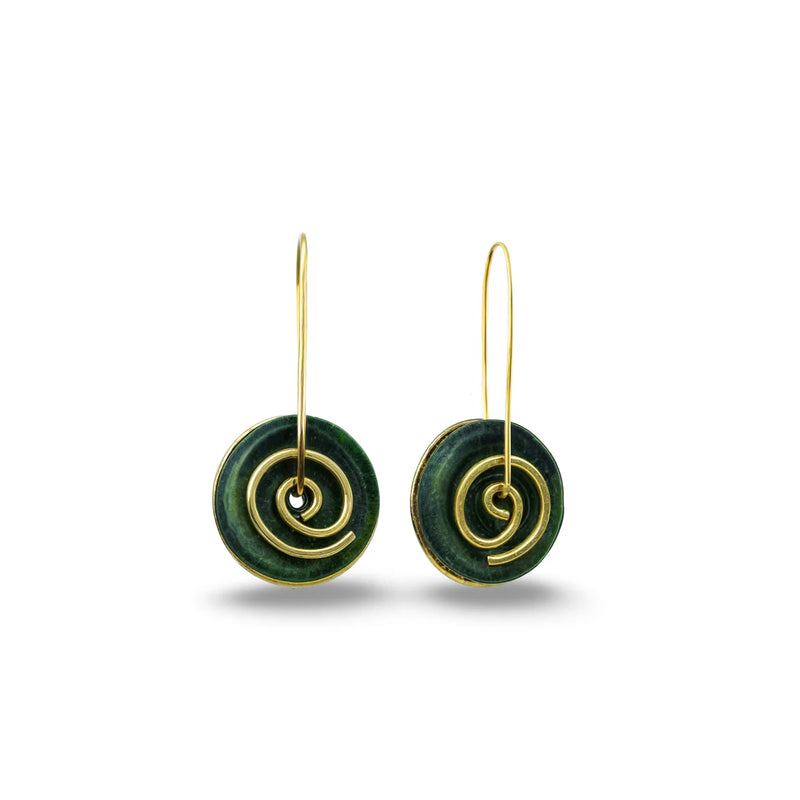 Gold Greenstone Spiral Drop Earrings